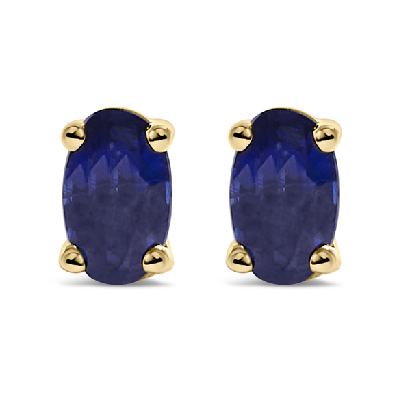 14K Yellow Gold 5x3 MM Oval Blue Sapphire Solitaire Stud Earrings